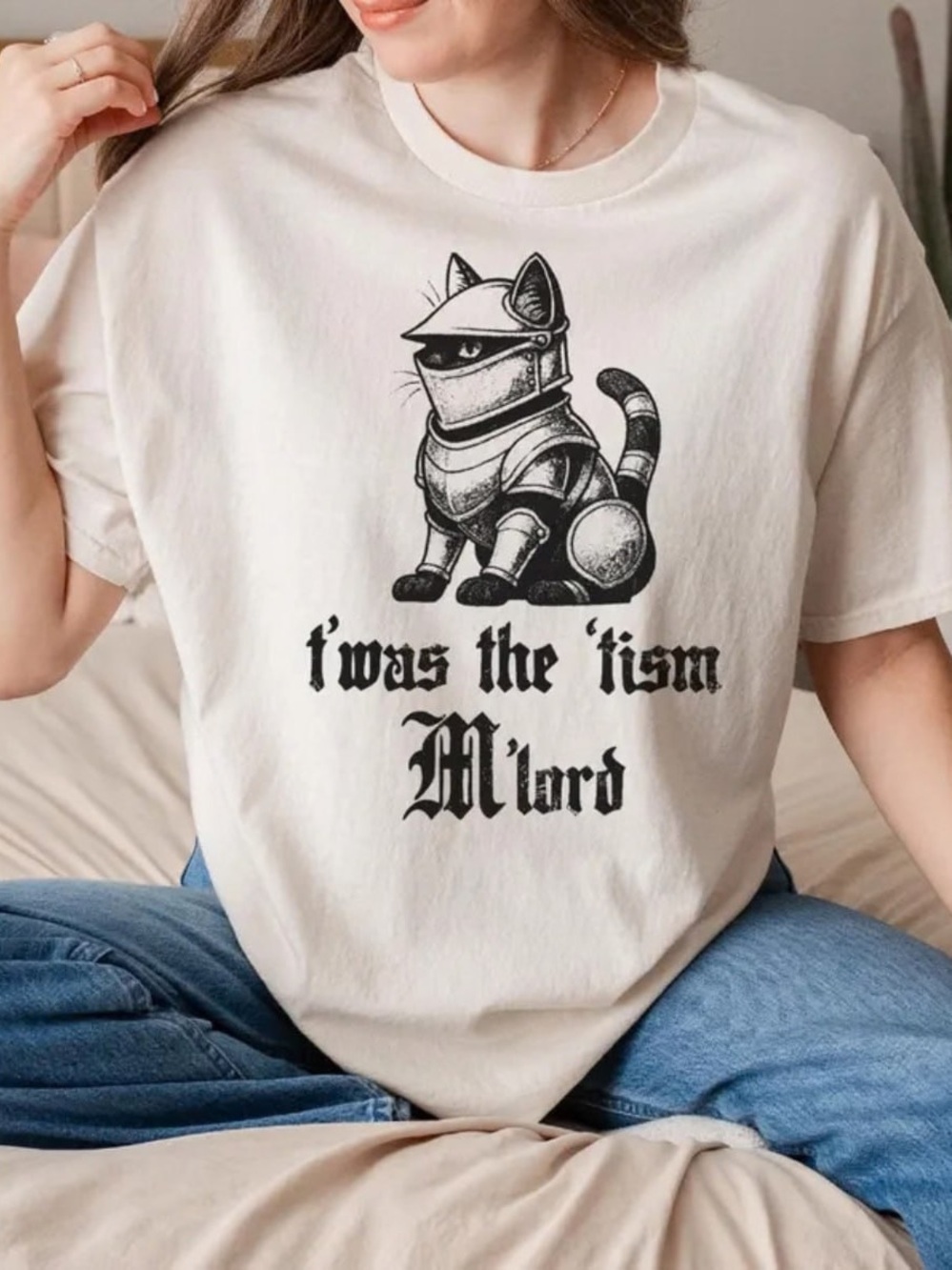 Cat Knight Graphic T-Shirt, Vintage Cream Funny Cat Tee For Unisex